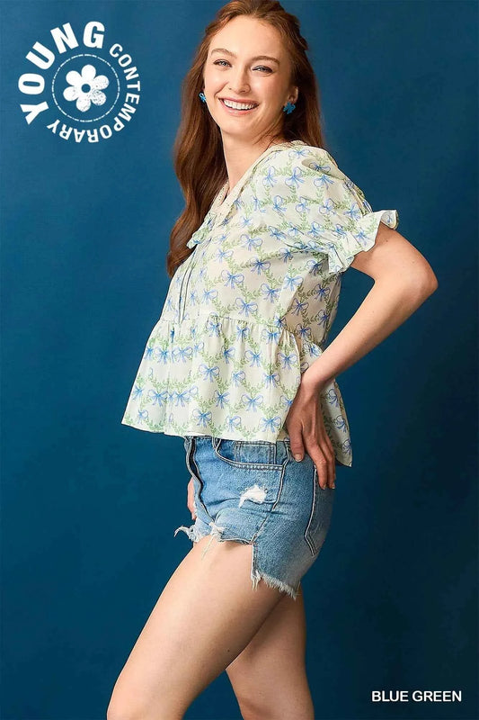 Lace Detail Bow Print Flounce Sleeve Blouse 1282f7da-605e-4e61-8a16-f719624296e2-Max-Origin