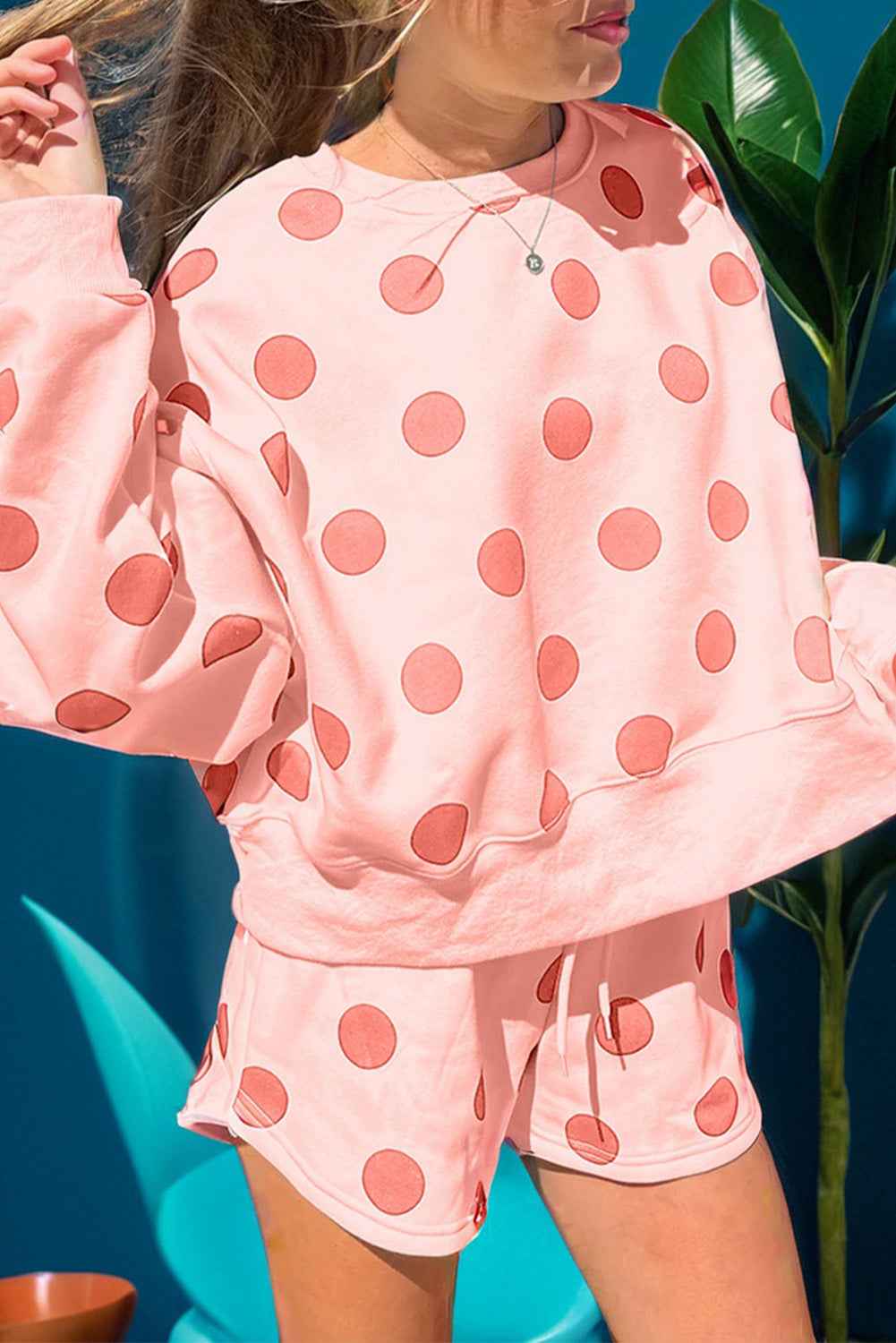 Sky Blue Polka Dot Print Drop Shoulder Pullover Drawstring Shorts Set Pink 95%Polyester+5%Elastane 12830602743d4ddb