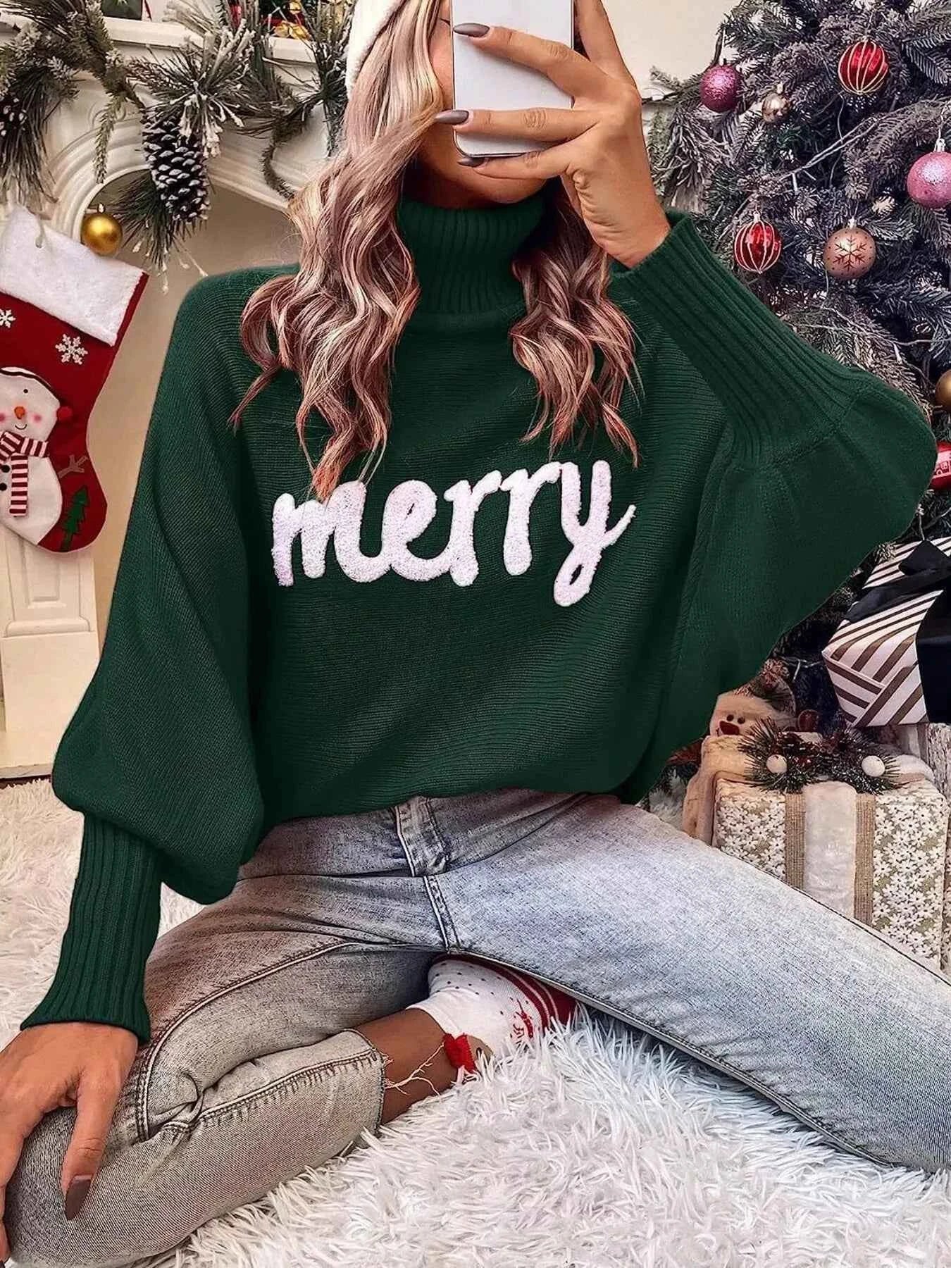 Merry Turtleneck Long Sleeve Christmas Sweater Sage 1284cc58cf4343b8985aade3e8f3440f-Max-Origin