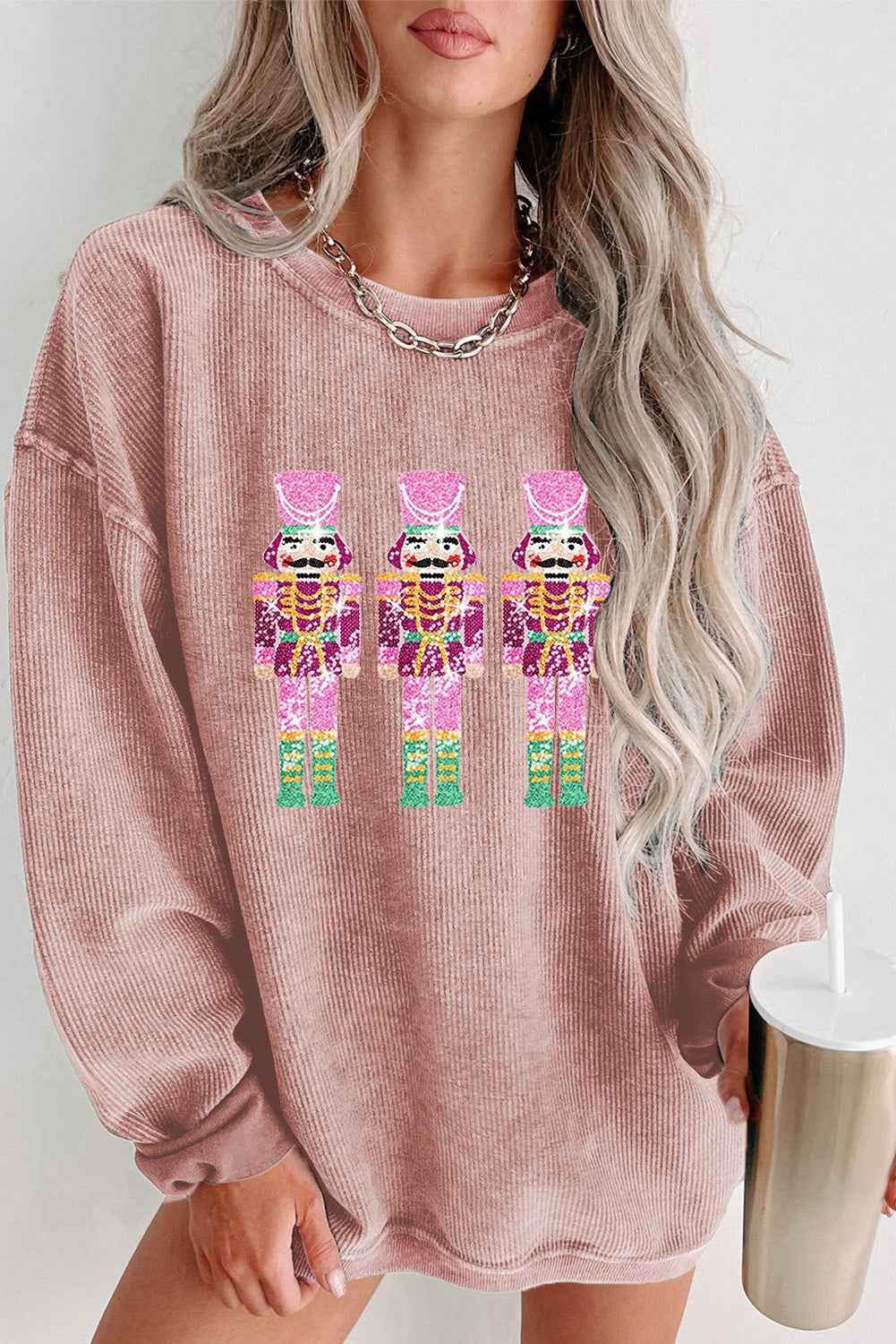 Black Nutcracker Graphic Sequins Patch Mineral Wash Corded Sweatshirt 1289eaa242488d22