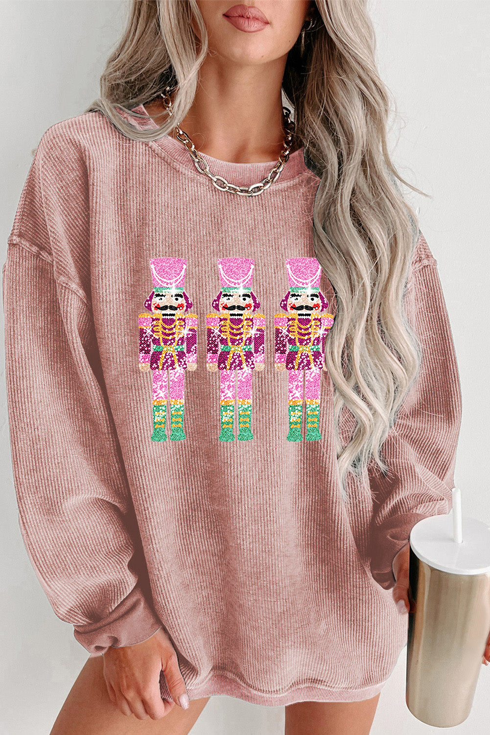 Black Nutcracker Graphic Sequins Patch Mineral Wash Corded Sweatshirt