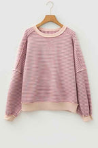 Stripe Patchwork Exposed Stitching Long Sleeve Top Pink Stripe 128fa428-8a9c-408f-810f-4d12b18b8183
