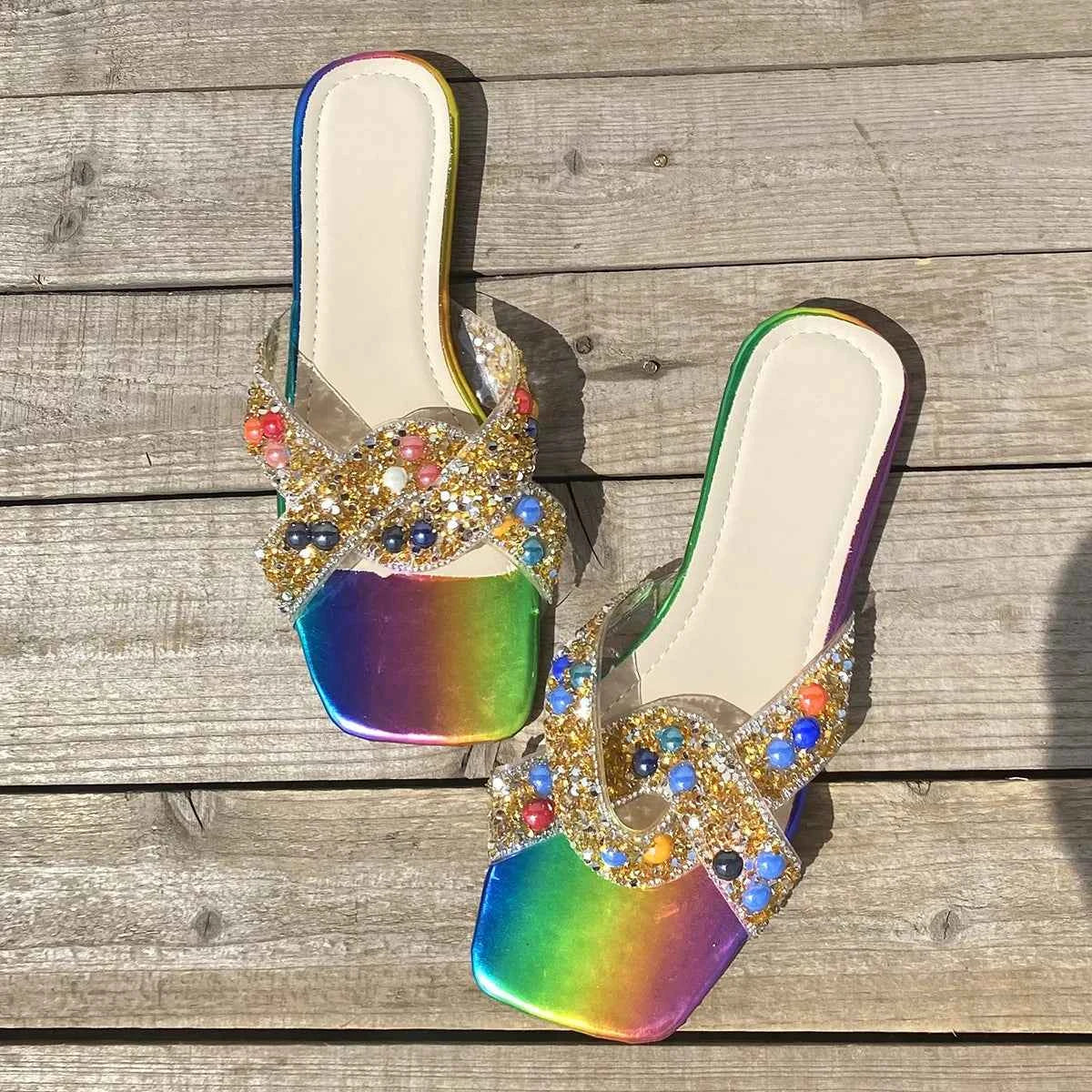 Rainbow Rhinestone Flat Sandals Burgundy 1294a591ad644d2bb6fcc18c20e373dd-Max-Origin