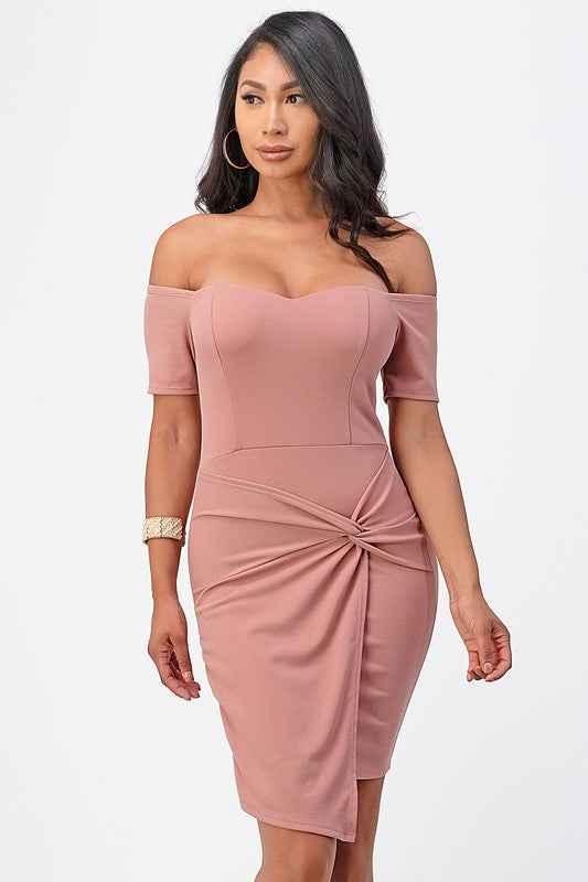 off the shoulder front twist bodycon dress Blush 12963956_4f85ad23-6b20-4588-8a2a-ea968df57bd8