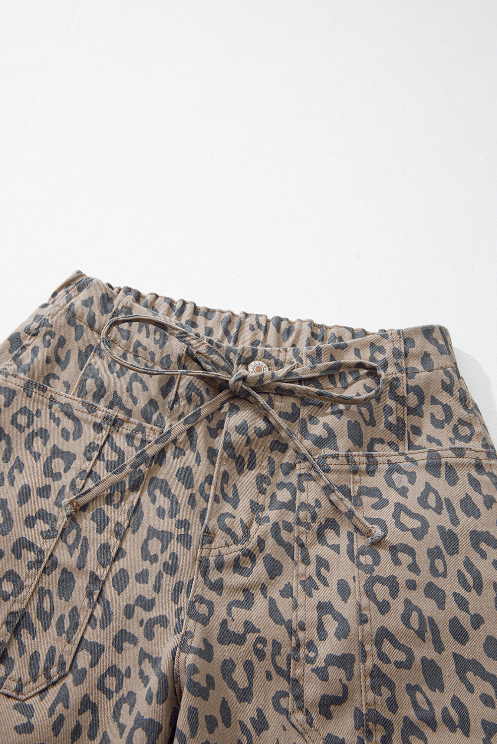 Khaki Leopard Print Drawstring Waist Pocketed Wide Leg Jeans 1297104a78d76cf5