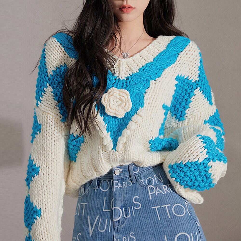 The Floral Diamond-Panel V-Neck Sweater 129829CB718D99B52AFE41D8A6E02F17