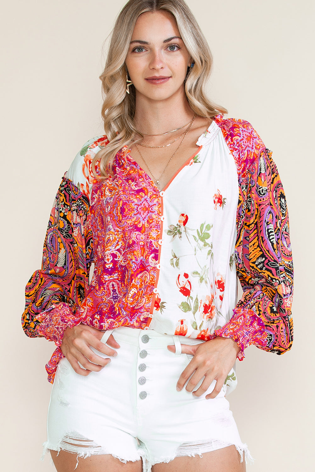 Multicolor Floral Patchwork Shirred Cuff Buttoned V Neck Blouse 1299ebdba16607dc