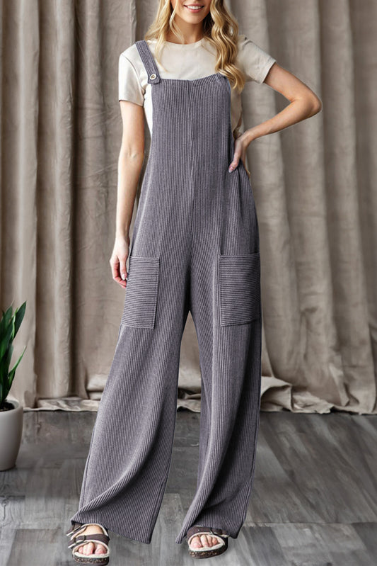 Dark Grey Ribbed Knit Patched Pocket Wide Leg Overalls Dark Grey 75%Polyester+20%Viscose+5%Elastane 129b0969213c1db8