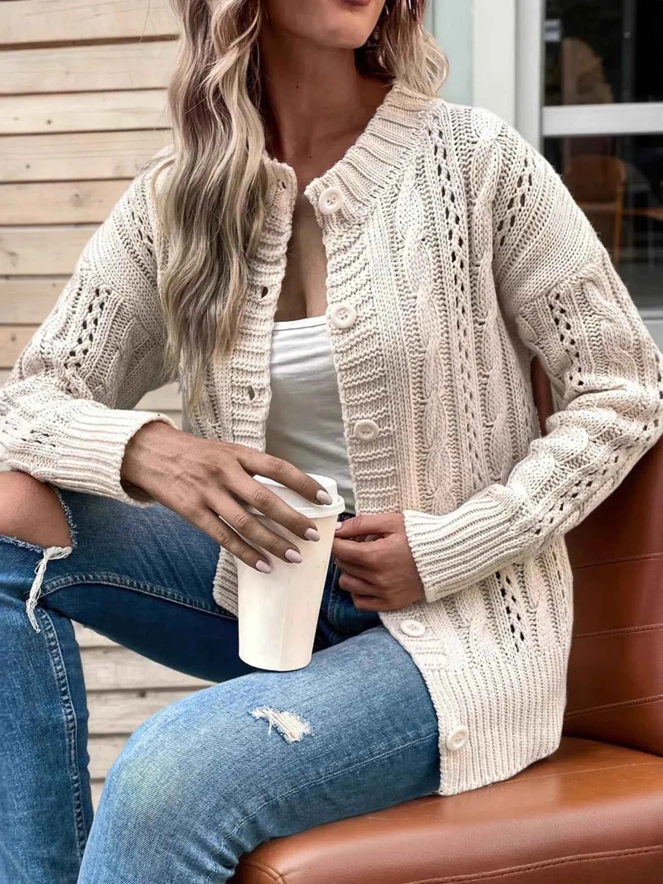 Cable Knit Belted Cardigan with Button Front