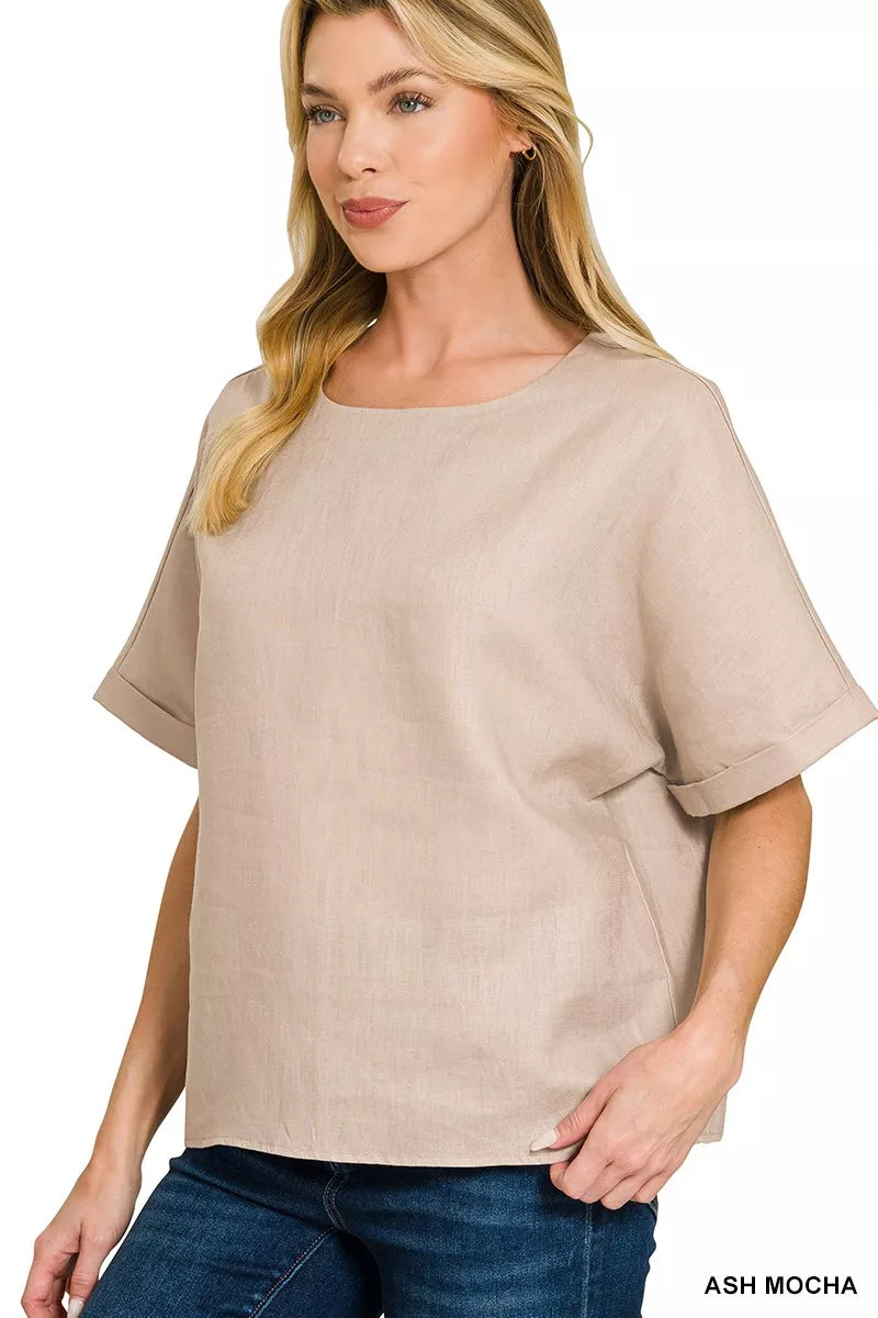 Zenana Linen Round Neck Cuffed Sleeve Top ASH MOCHA 129fa687f5f54122bc7313f64ea41056-Max-Origin