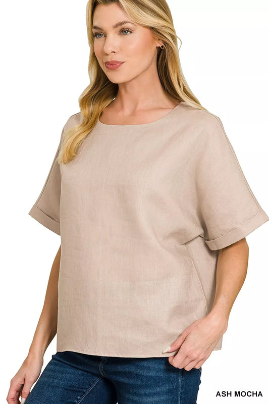 Zenana Linen Round Neck Cuffed Sleeve Top ASH MOCHA 129fa687f5f54122bc7313f64ea41056-Max-Origin
