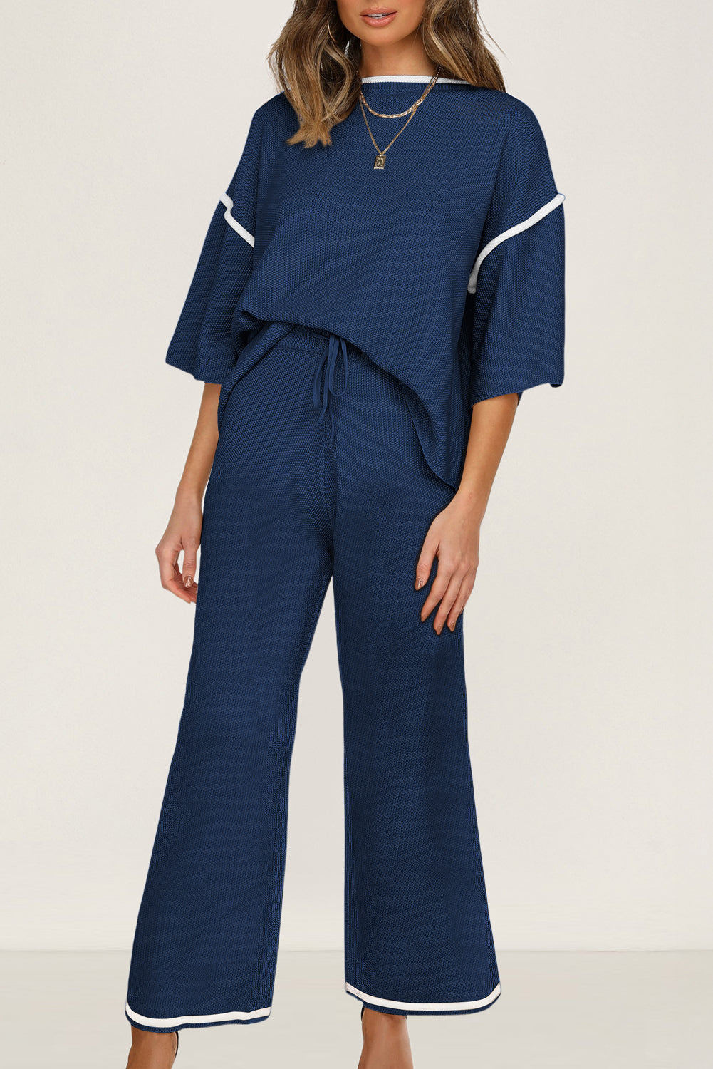 Navy Blue Loose Contrast Trim Half Sleeve Top and Drawstring Pants Set Navy Blue 60%Polyester+40%Viscose 12a9fccb7e209891