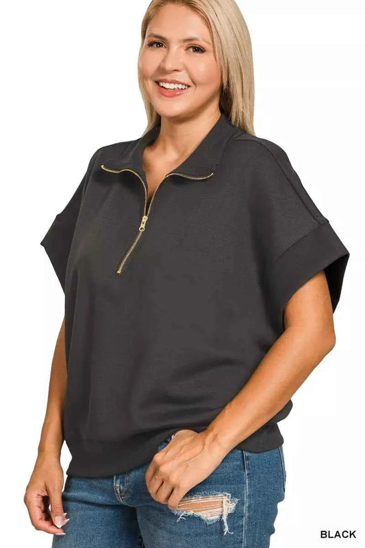 Full Size Scuba High Neck Half Zip Short Sleeve Top Plus Size 12aad8d8-f265-4595-a11f-c8dcdf3978f0-Max-Origin