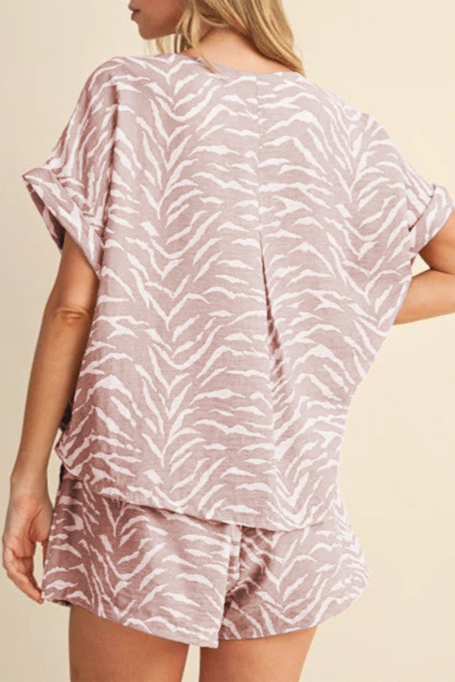 Khaki Abstract Print Cuffed Short Sleeve Loose Top Short Set 12ac838af42117b6