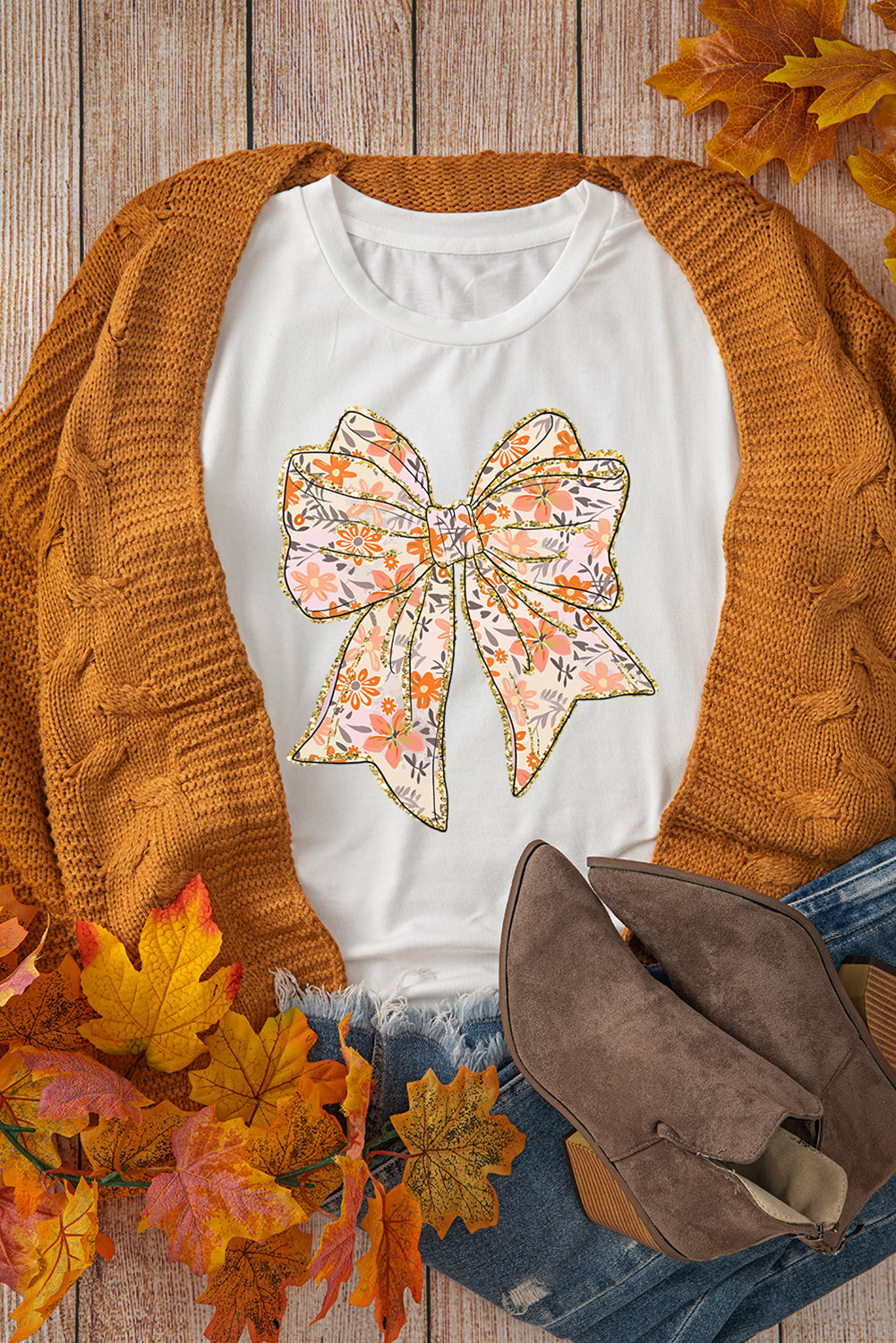 White Glitter Trim Floral Bow Heat Transfer Printing Cotton Blend T Shirt White 62%Polyester+32%Cotton+6%Elastane 12ad8c3cc749265a