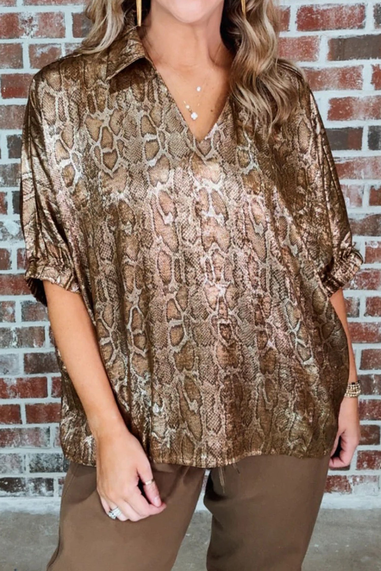 Brown Polo Collared V Neck Short Sleeve Metallic Leopard Blouse Brown 100%Polyester 12addb1304f1acba