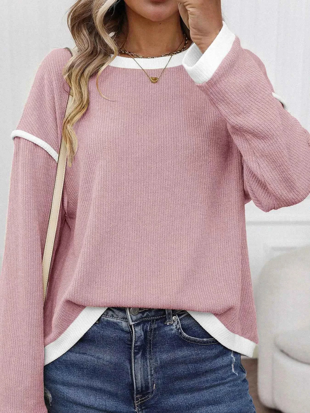 Contrast Color Trim Knit Drop Shoulder Loose Top 12b3556290b1449a866491cbb4d1f117-Max-Origin