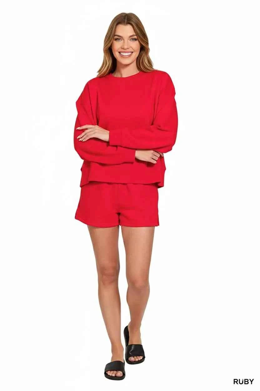 Zenana Fleece Round Neck Sweatshirt and Shorts Set 12b75125-0440-4ab8-bad3-7b010e25b32b-Max-Origin