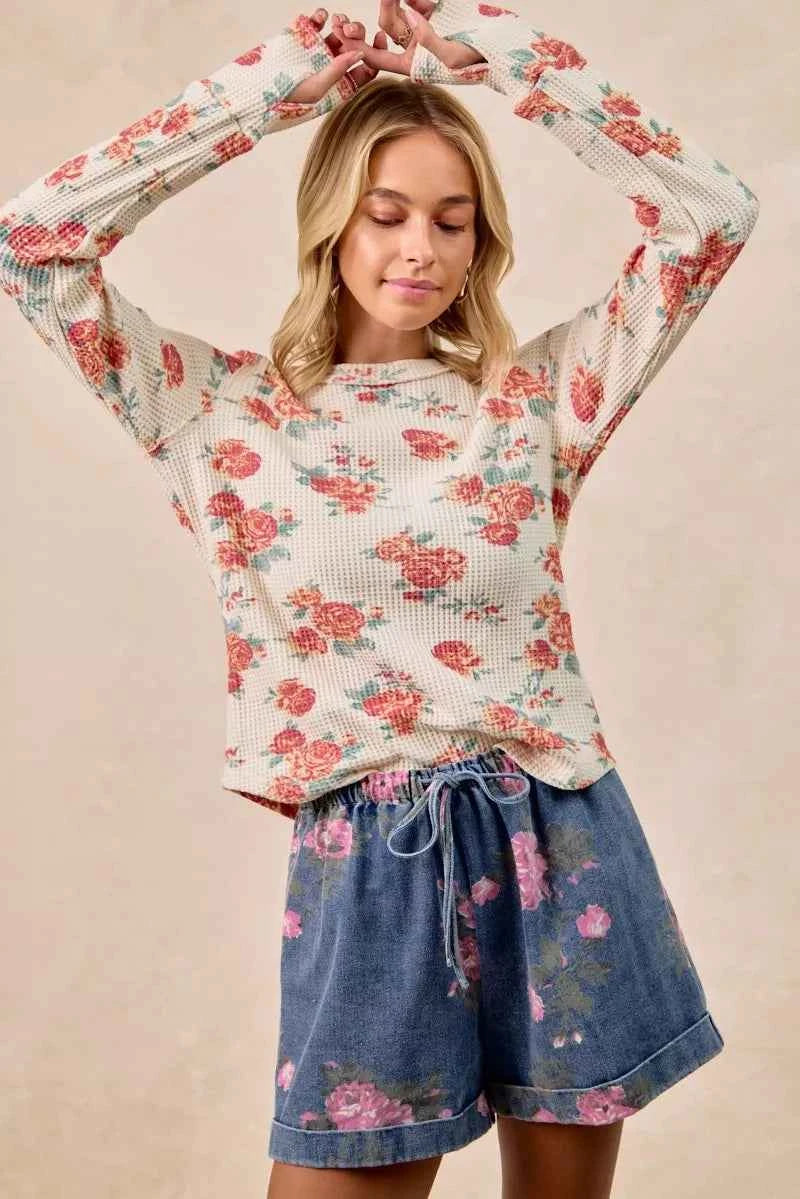 Floral Print Washed Waffle Thermal Top With Thumb 12b79b15ac704df6b0c4399c56eb0a54-Max-Origin