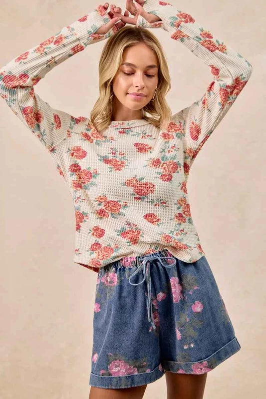 Floral Print Washed Waffle Thermal Top With Thumb 12b79b15ac704df6b0c4399c56eb0a54-Max-Origin