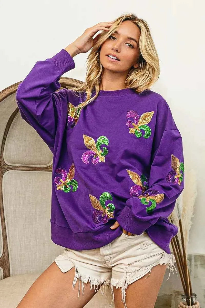 BiBi Fleur De Lis Sequin Patches Mardi Gras Sweatshirt PURPLE 12ba1c1ab24e460281ded80de3ebf238-Max-Origin