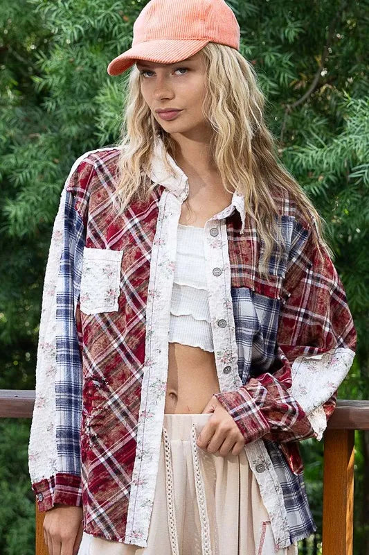 POL Patchwork Plaid Button Up Shirt 12bb058f-614e-4f2b-9a07-acdbd14afd98-Max