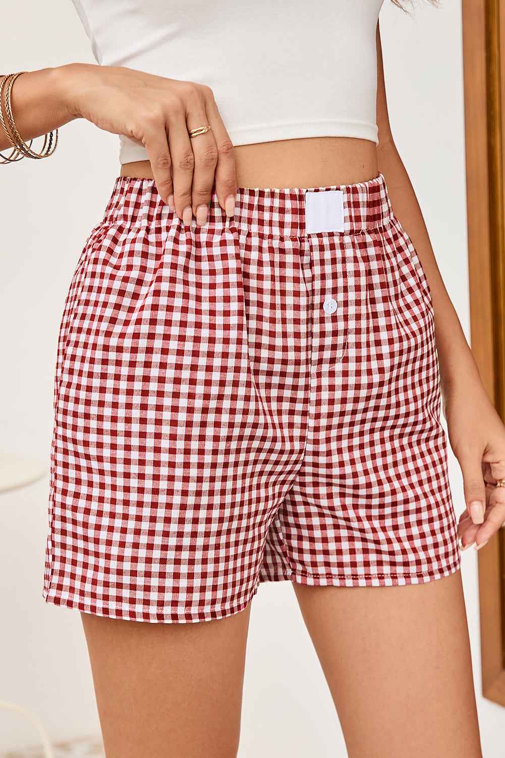 Red Vintage Plaid Print High Waisted Loose Wide Leg Shorts 12bc486de77dfd2e