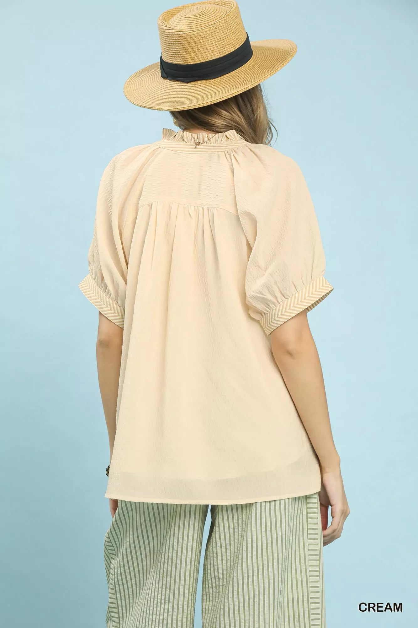 Umgee V-Neck Short Sleeve Blouse 12be242a-5f6d-442b-8b93-b16337828b3a-Max-Origin