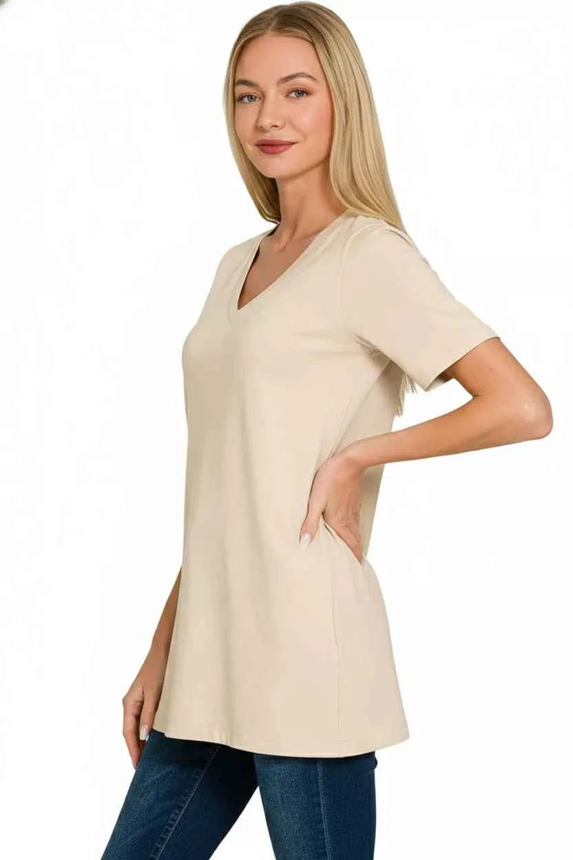 Zenana V-Neck Short Sleeve T-Shirt 12be8d67-76e9-4431-8e6d-f77fb46b7d17-Max-Origin