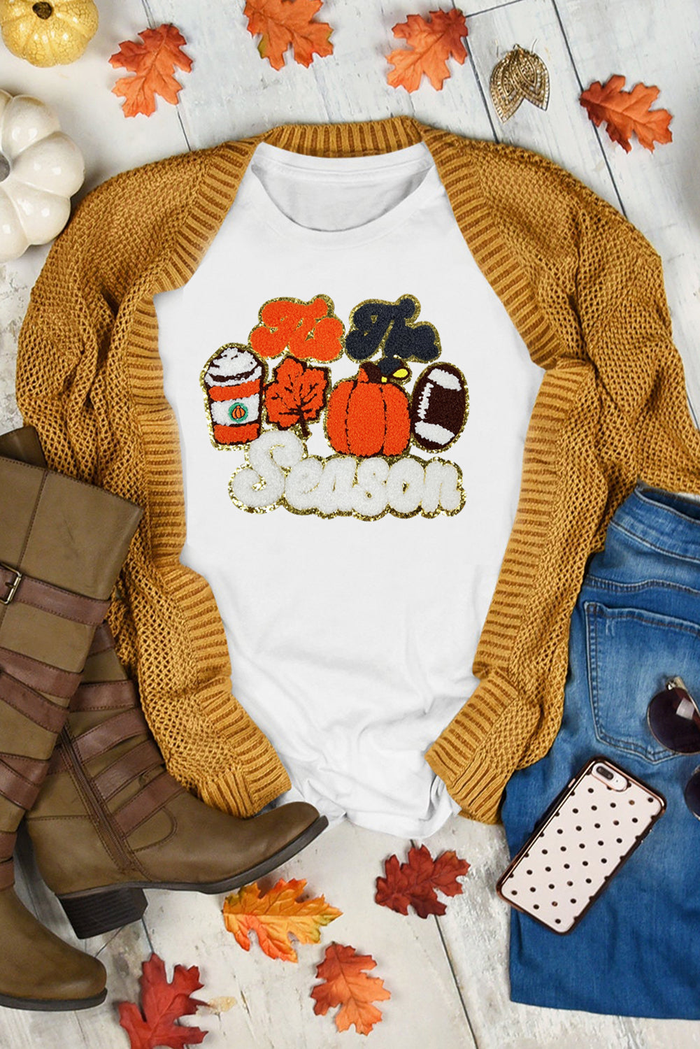 White Iis The Season Pumpkin Spice Terry Flocking Graphic Crewneck T Shirt White 62%Polyester+32%Cotton+6%Elastane 12bfcb0c4c74871b