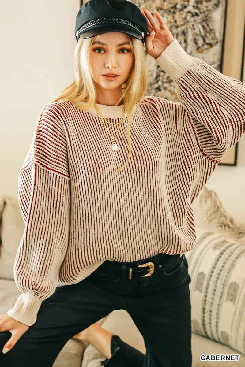 Zenana Two Tone Crewneck Sweater CABERNET 12c16c3525c54796a10509ea46a995e5-Max-Origin