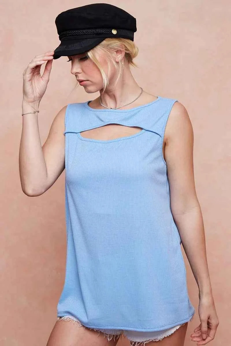 Soft Rib Knit with Cut Out Front Sleeveless Top 12c7c1a0216242fd838264f68dffaa64-Max-Origin