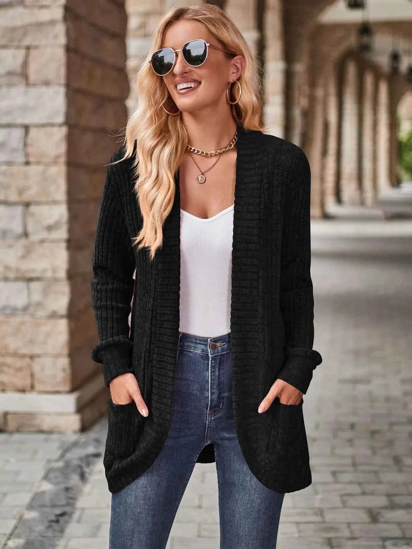 Ribbed Open Front Long Cardigan with Pockets