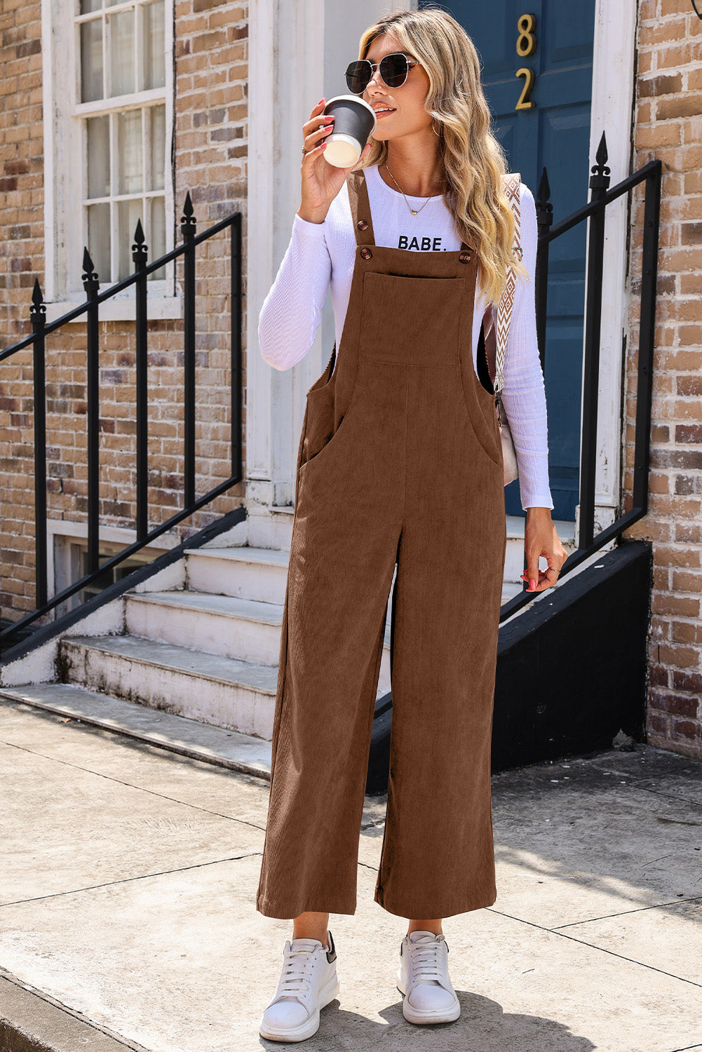Brown Solid Color Corduroy Wide Leg Bib Overalls 12d2b926a4cf985d