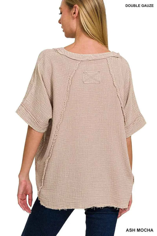 Washed Double Gauze Exposed Seam Short Sleeve Top 12d3329fff934cb0b73bfc87a2f82c89-Max-Origin