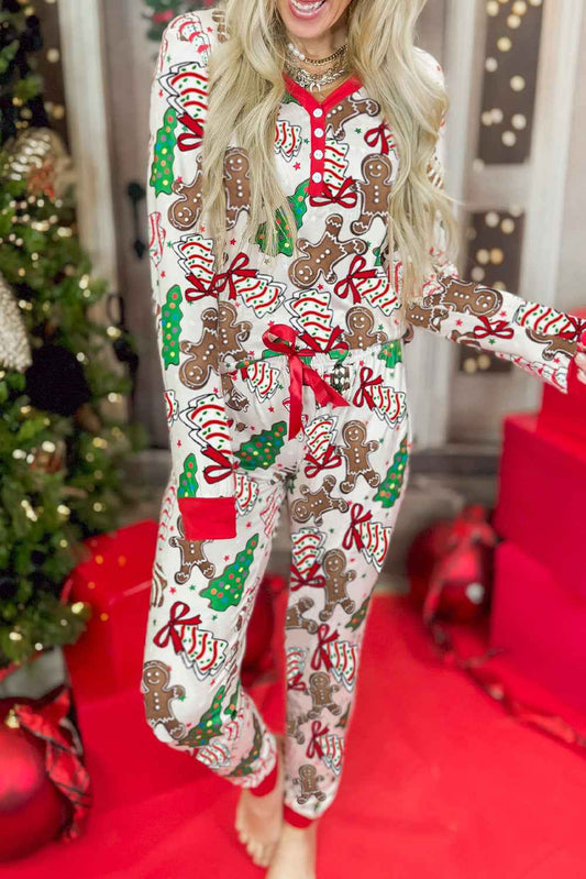 Pink Christmas Pattern Button V Neck Pullover Drawstring Pants 2pcs Lounge Set 12d9ba16b88503cd