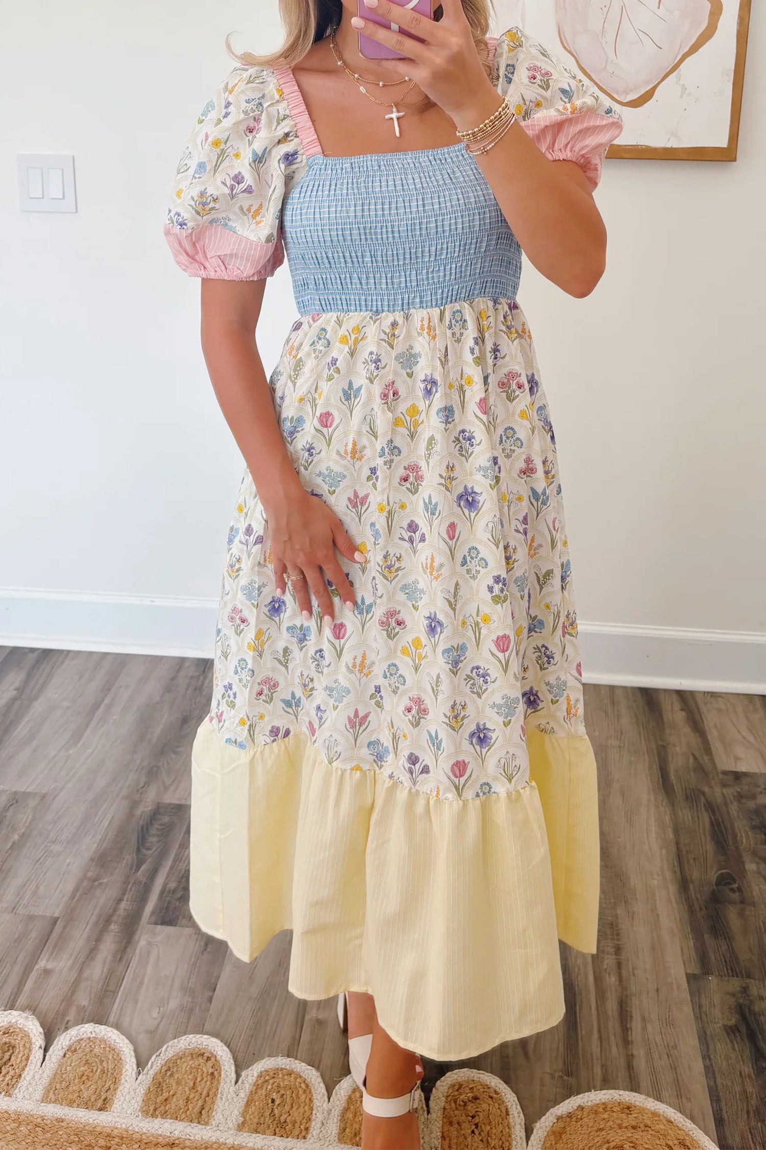 Multicolour Floral Print Striped Color Block Patchwork Square Neck Shirred Long Dress 12e0044a9cfeb13d