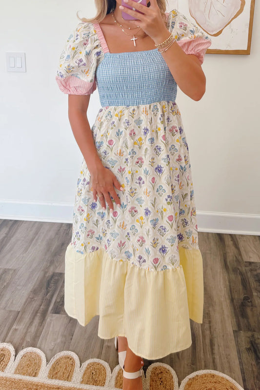 Multicolour Floral Print Striped Color Block Patchwork Square Neck Shirred Long Dress 12e0044a9cfeb13d