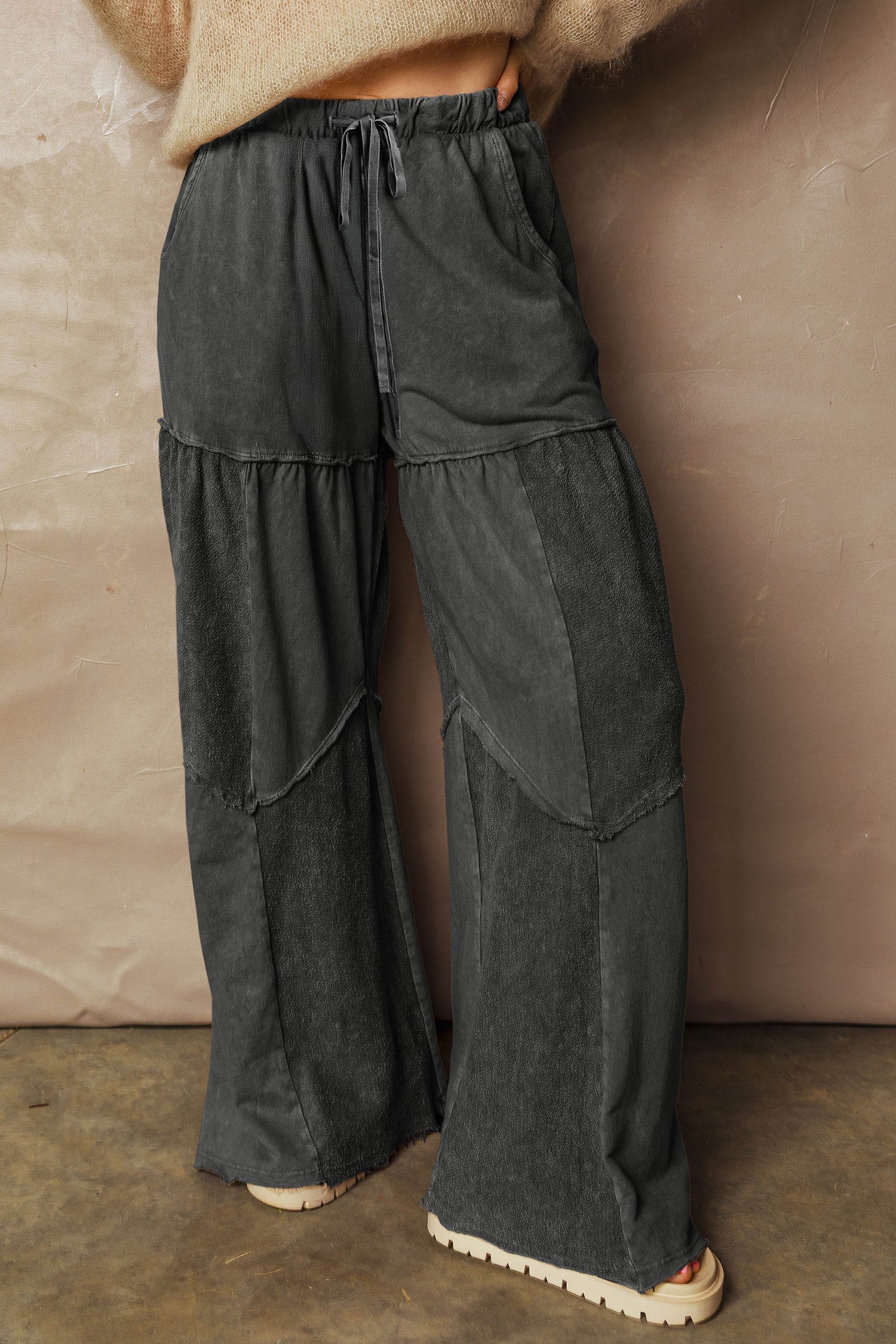 Black Mineral Wash Tiered Wide Leg Patchwork Drawstring Pants 12ea0ec5068d9aea