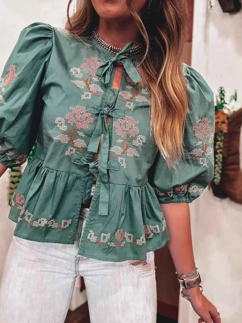 Tie Front Puff Sleeve Blouse Green 12eb3cc7f2664d1d8a51cee744766d82-Max-Origin