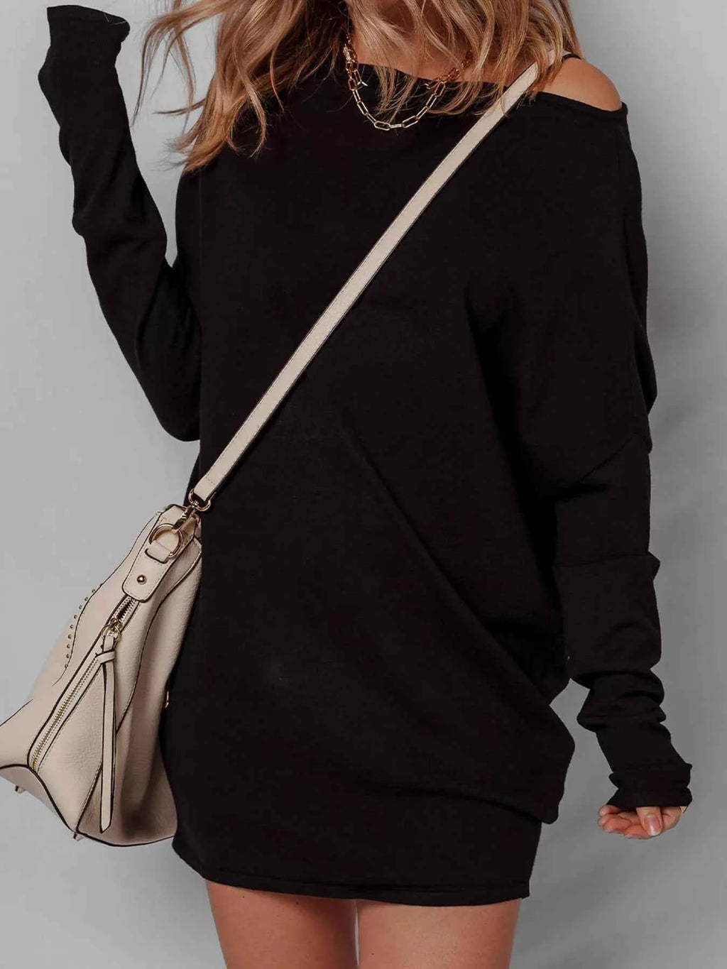 Asymmetric Neck Batwing Sleeve Shift Mini Sweater Dress 12ec7cce5fab4b0b934cbcbd2d366719-Max-Origin