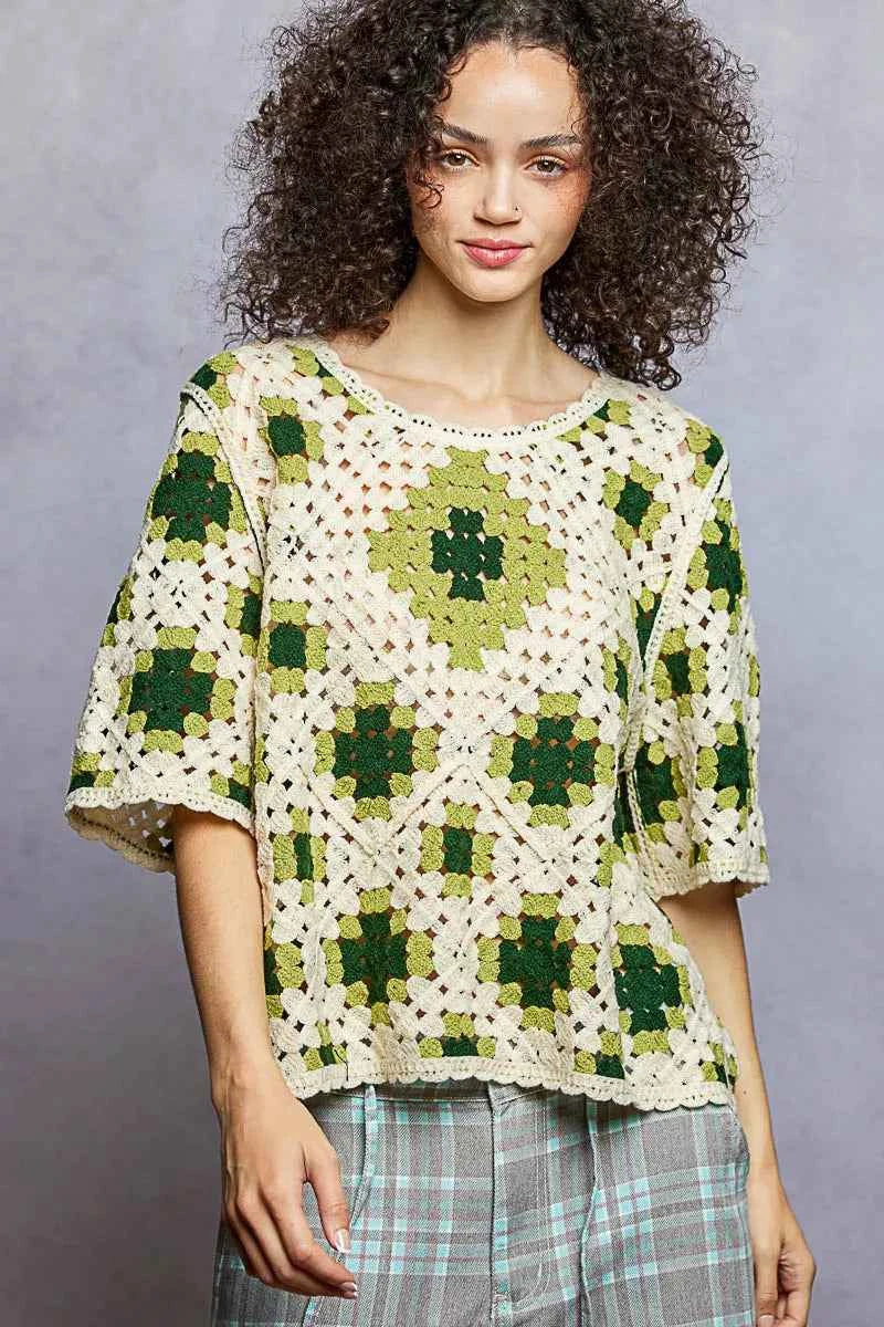 POL Round Neck Short Sleeve Color Pattern Crochet Top with Border Accents 12f258cb-1f17-4fd7-a8c0-fa220f7963a4-Max-Origin