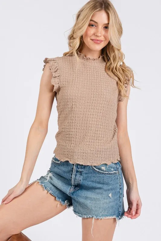 Ces Femme Texture Mock Neck Ruffle Cap Sleeve Blouse 12fa2519-2387-413a-bf83-5ae62d83db81-Max
