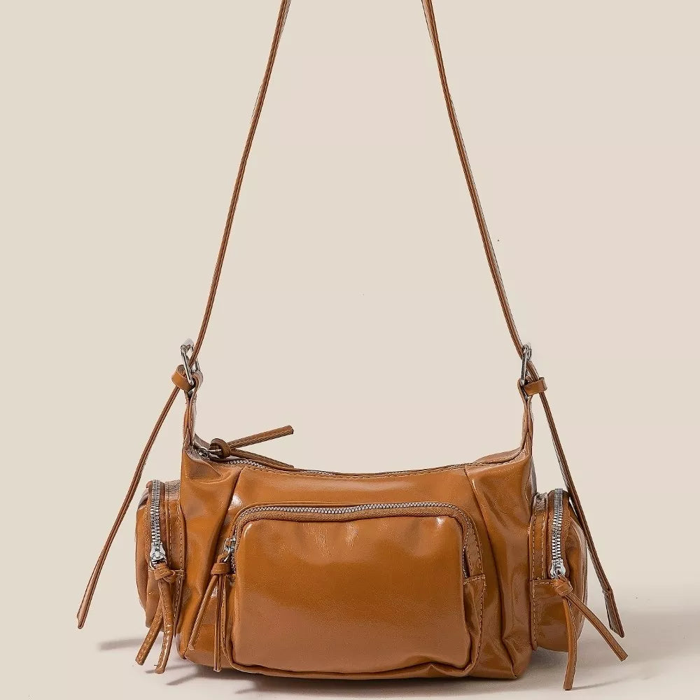 Fame Glossy Faux Leather Multi Pocket Hand Bag DBR One Size 12fc1bc2624a413f9cc76ea2ef8f3cb0-Max-Origin