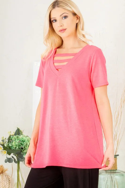 Heimish Full Size V-Neck Short Sleeve T-Shirt with Bar Detail Plus Size 12fdd5a3-9cc3-4252-91a6-8b4a5ffdf2cf-Max