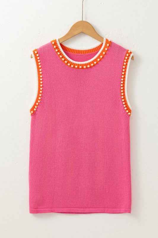 Contrast Trim Pearl Crewneck Sweater Top 1300b8b0-088b-48da-9024-0cf07f53fb8d