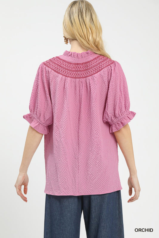 Textured Henley Blouse with Ruffle Cuffs 1300f9bf-698a-4c0f-9d71-ea1e5746a0e2-Max