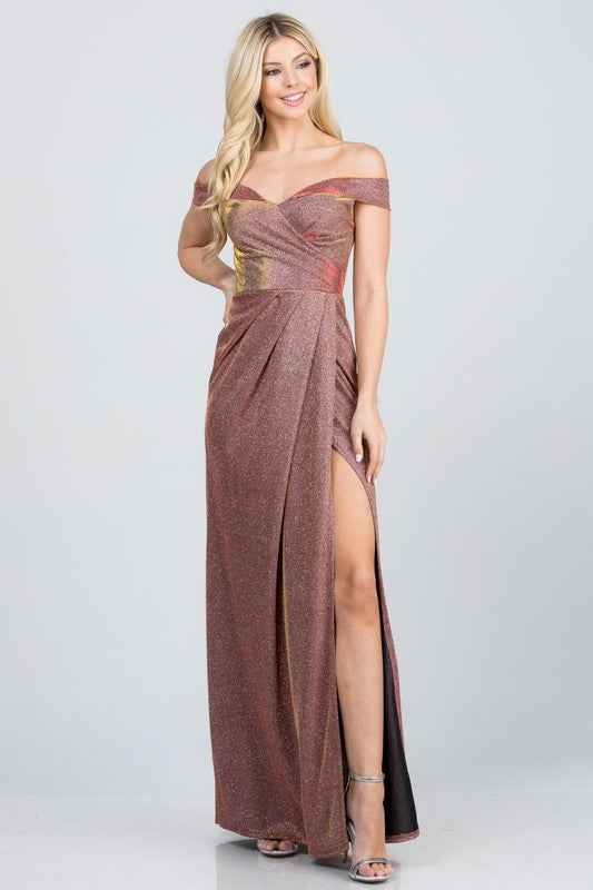 Off the shoulder glittery jacquard gathered gown Rust 13091927_9c86f027-d6c7-4449-a7d7-2474e72beed4