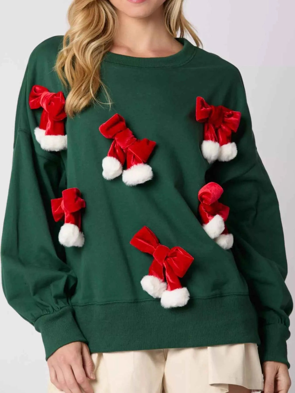 Christmas Long Sleeve Sweatshirt with Pom-Pom Bow Decoration Dark Green 130b03f5-1f75-4b52-aa8e-3517993f64e0-Max-Origin