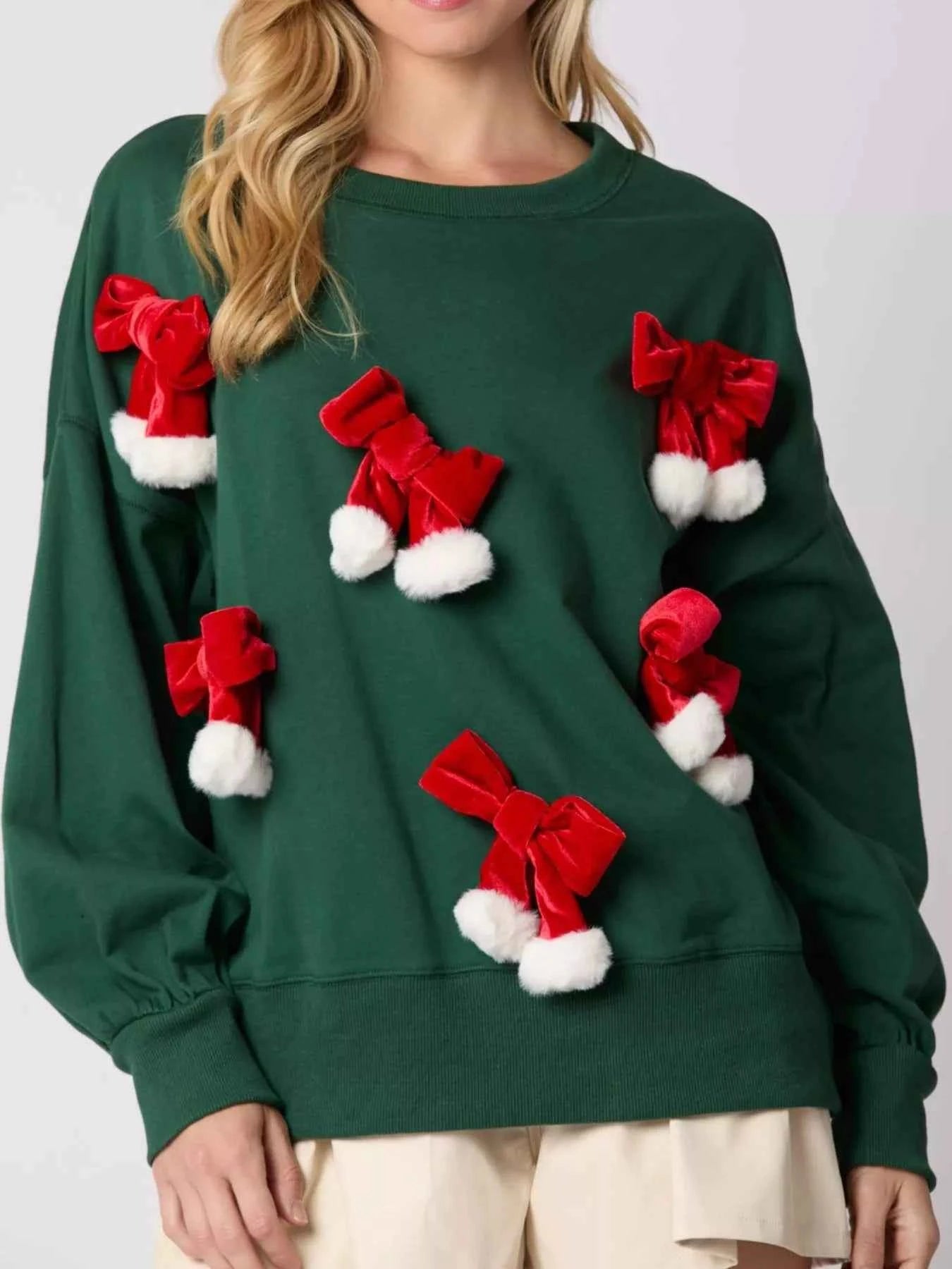 Christmas Long Sleeve Sweatshirt with Pom-Pom Bow Decoration Dark Green 130b03f5-1f75-4b52-aa8e-3517993f64e0-Max-Origin